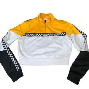 Vans Black Yellow Checked Crop Top Womems XS Racing stripe 1/4 zip up Nascar